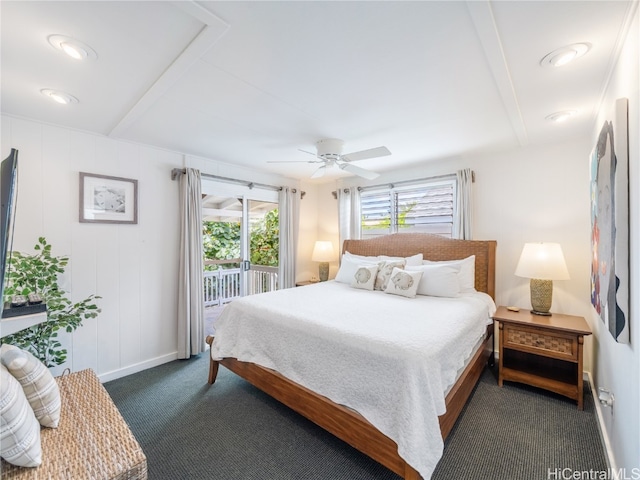 bedroom featuring dark carpet, access to outside, and ceiling fan