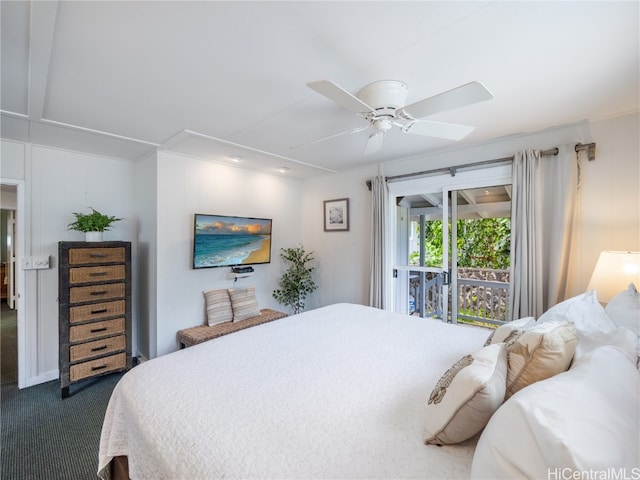 carpeted bedroom with access to outside and ceiling fan