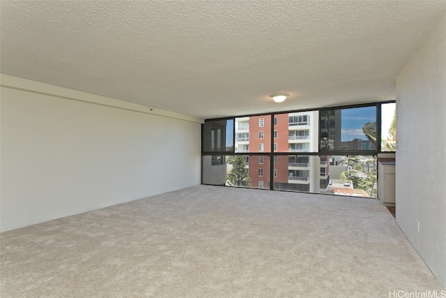 carpeted empty room featuring floor to ceiling windows and a textured ceiling