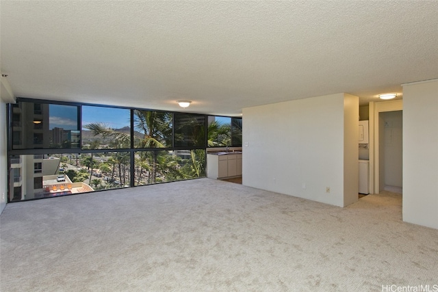 unfurnished living room with expansive windows, sink, light carpet, and a textured ceiling