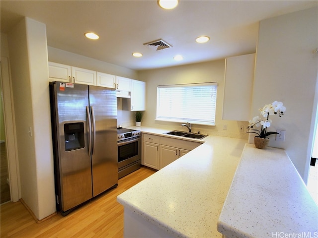 kitchen with white cabinetry, light hardwood / wood-style flooring, stainless steel appliances, and sink