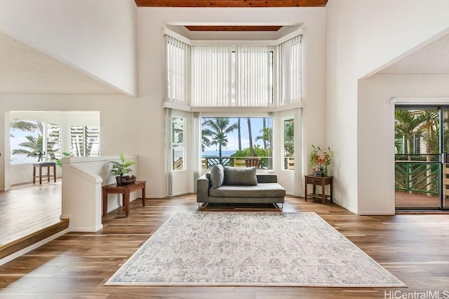 sitting room with a wealth of natural light, wood-type flooring, and a high ceiling