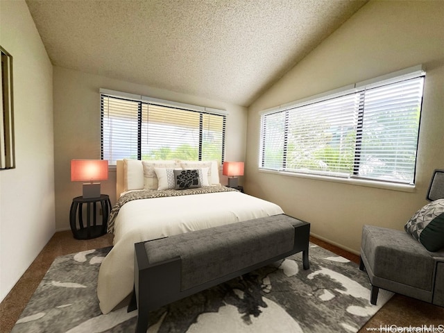 carpeted bedroom with multiple windows, vaulted ceiling, and a textured ceiling