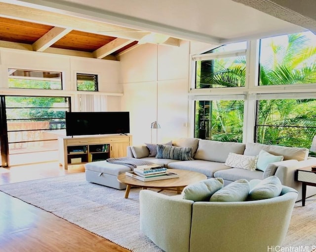 living room featuring wood ceiling, vaulted ceiling with beams, and wood-type flooring