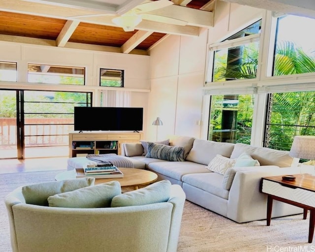 living room featuring lofted ceiling with beams and wooden ceiling