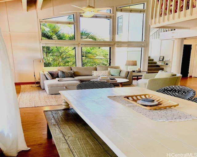 interior space featuring wood-type flooring and ceiling fan