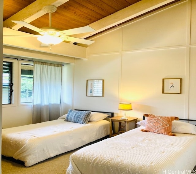 bedroom with carpet flooring, ceiling fan, lofted ceiling with beams, and wood ceiling