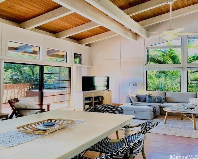 living room with beam ceiling, ceiling fan, hardwood / wood-style floors, and wood ceiling