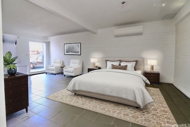 bedroom with beam ceiling, a wall mounted AC, and dark tile patterned floors