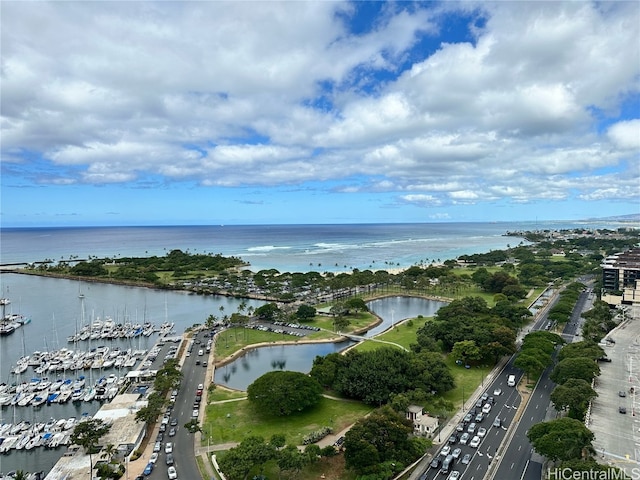 birds eye view of property featuring a water view