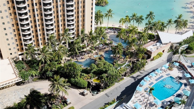 birds eye view of property featuring a water view