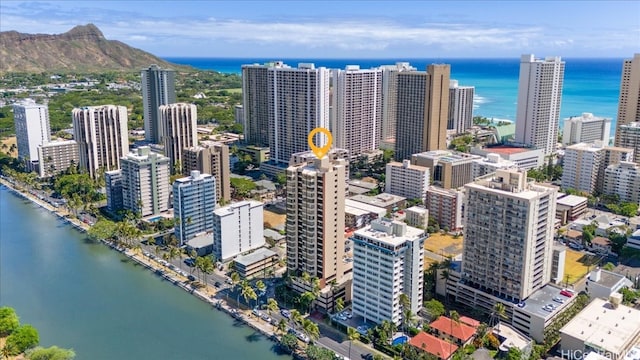 drone / aerial view featuring a water view