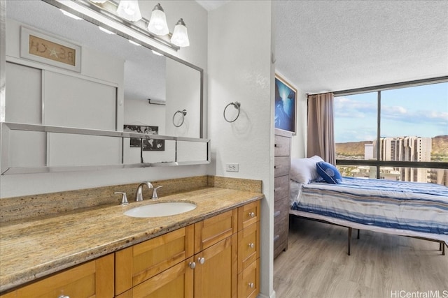 bathroom featuring vanity, hardwood / wood-style floors, a textured ceiling, and floor to ceiling windows