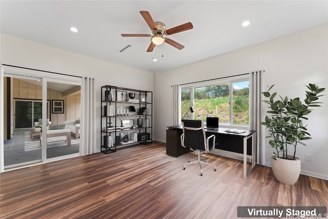 home office with hardwood / wood-style floors and ceiling fan