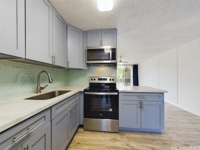 kitchen featuring kitchen peninsula, backsplash, light wood-type flooring, sink, and stainless steel appliances