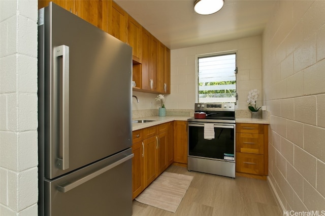 kitchen featuring sink, light wood-type flooring, and appliances with stainless steel finishes