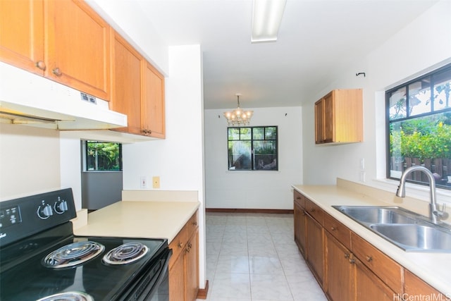 kitchen with an inviting chandelier, black electric range oven, sink, and plenty of natural light