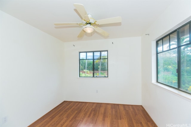 empty room with hardwood / wood-style floors, ceiling fan, and a wealth of natural light