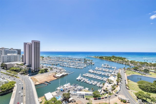 birds eye view of property featuring a water view