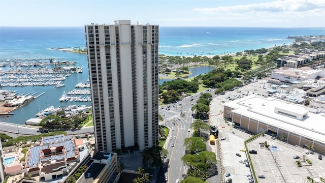 drone / aerial view with a water view