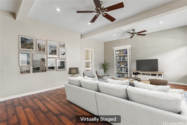 living area featuring beamed ceiling, recessed lighting, baseboards, and dark wood-style flooring