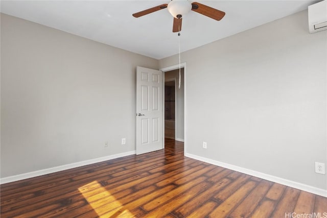 unfurnished room featuring ceiling fan, dark hardwood / wood-style floors, and an AC wall unit