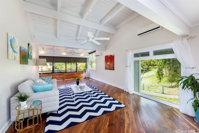 living room with dark hardwood / wood-style floors, lofted ceiling with beams, an AC wall unit, and ceiling fan