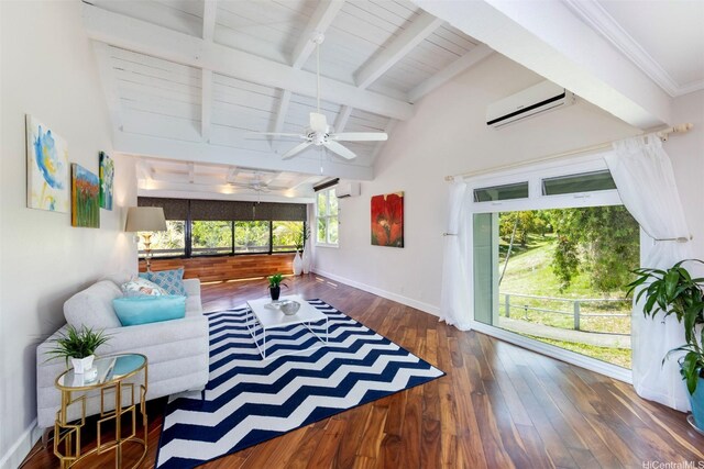 interior space with a ceiling fan, vaulted ceiling with beams, hardwood / wood-style floors, and a wall mounted air conditioner
