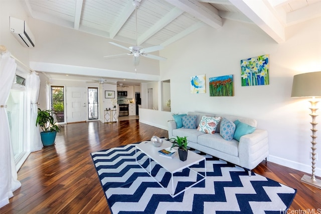 living room with beam ceiling, high vaulted ceiling, dark hardwood / wood-style flooring, and a wall mounted air conditioner