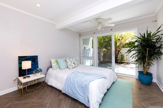 bedroom with crown molding, baseboards, recessed lighting, and access to exterior