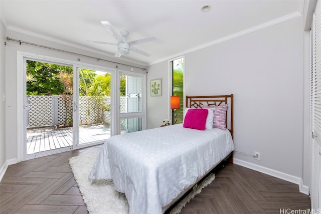 bedroom featuring crown molding, dark parquet floors, access to exterior, and ceiling fan