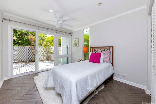 bedroom featuring baseboards, ornamental molding, ceiling fan, and access to outside