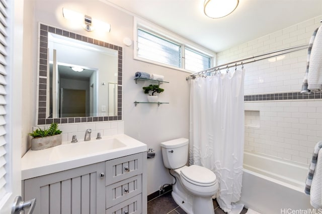 full bathroom featuring vanity, toilet, shower / bathtub combination with curtain, and tile patterned flooring