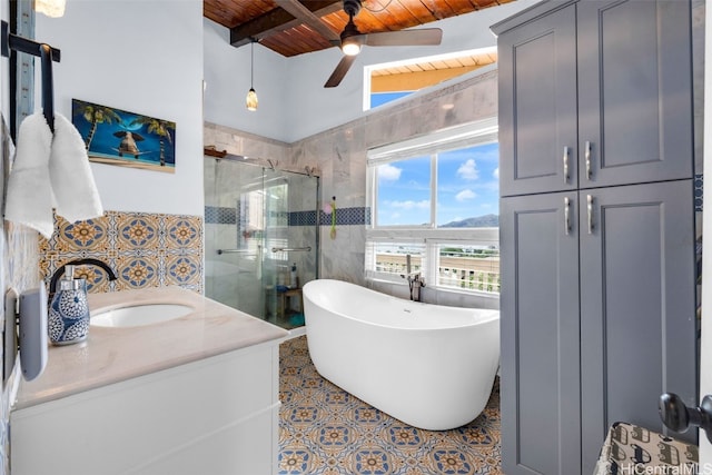 bathroom featuring shower with separate bathtub, wood ceiling, lofted ceiling with beams, ceiling fan, and vanity