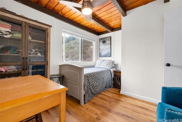 bedroom featuring beam ceiling, hardwood / wood-style flooring, wooden ceiling, and ceiling fan