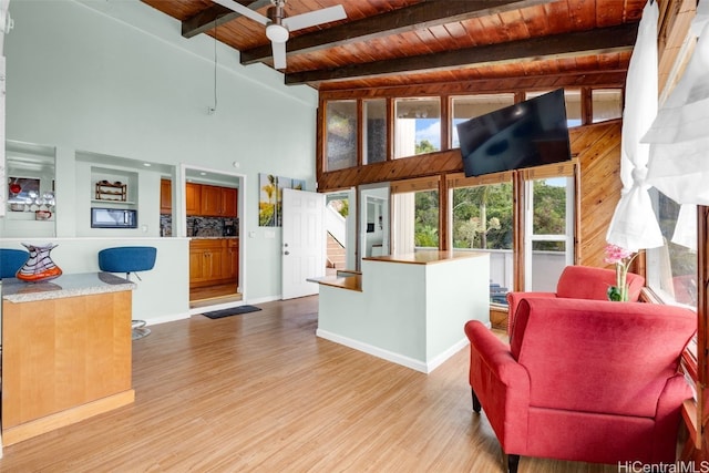 living room featuring light wood-type flooring, wood ceiling, ceiling fan, beamed ceiling, and high vaulted ceiling