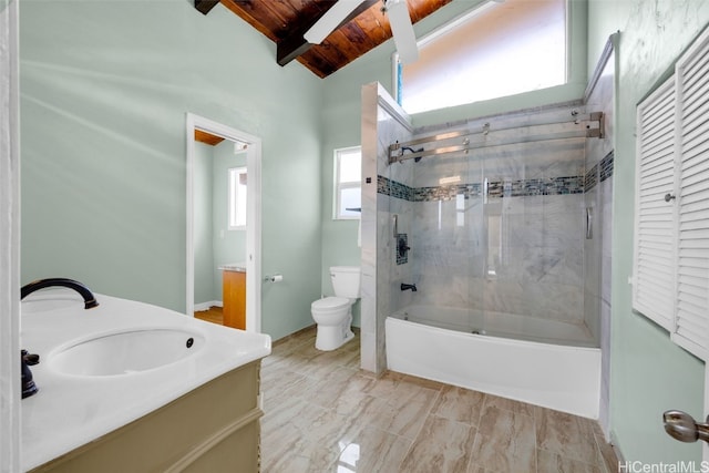 full bathroom featuring lofted ceiling with beams, plenty of natural light, toilet, wooden ceiling, and vanity