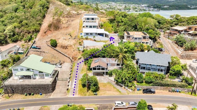 aerial view featuring a water view