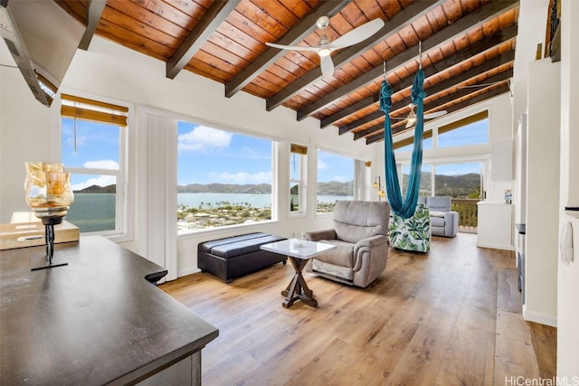 sunroom featuring a water view, wood ceiling, and plenty of natural light