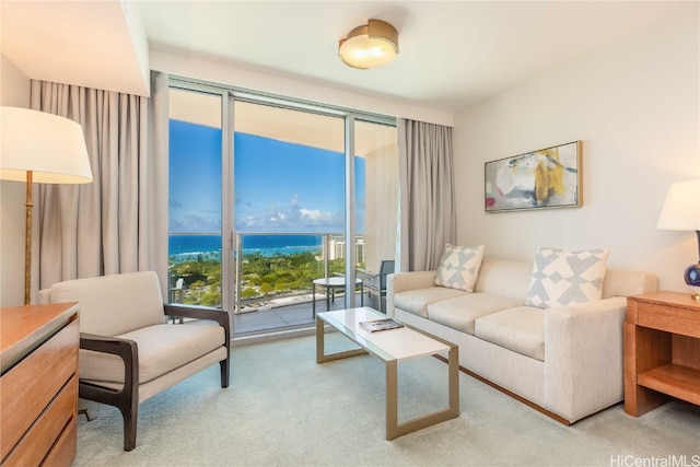 living room with a water view, light carpet, and expansive windows