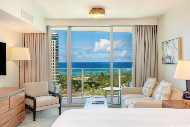 carpeted bedroom with multiple windows, access to exterior, and a water view