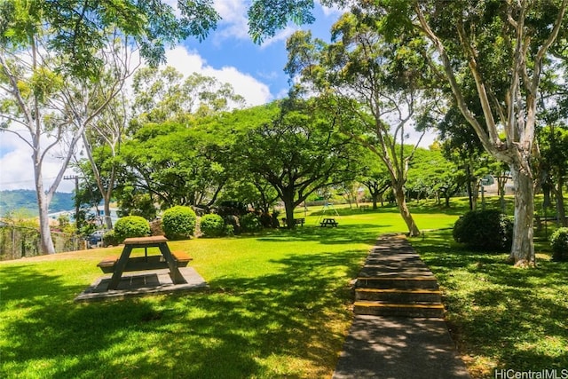 view of property's community featuring a lawn