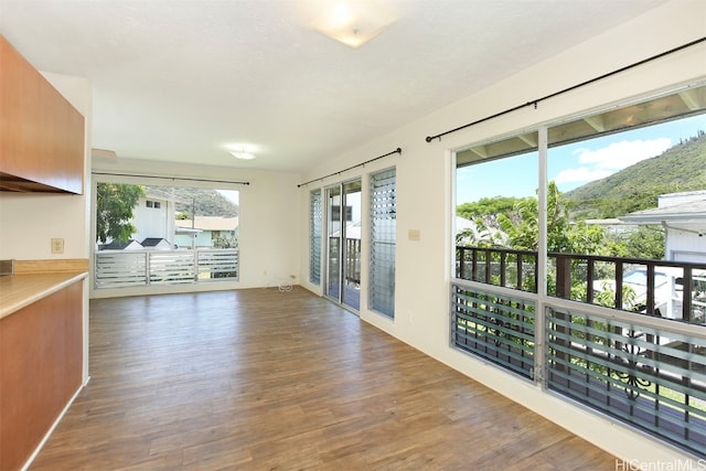 interior space featuring a mountain view and dark hardwood / wood-style floors