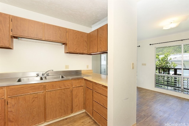 kitchen featuring sink, a textured ceiling, and light hardwood / wood-style flooring