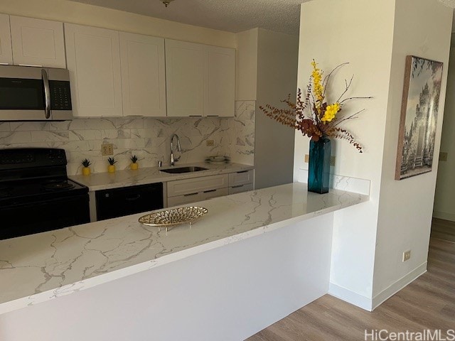 kitchen with light stone counters, black appliances, sink, and light hardwood / wood-style floors