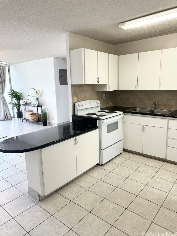 kitchen featuring white electric stove, sink, kitchen peninsula, and white cabinets