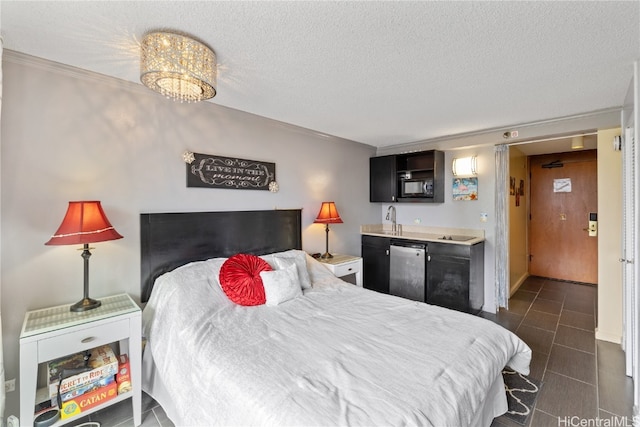 tiled bedroom featuring sink and a textured ceiling