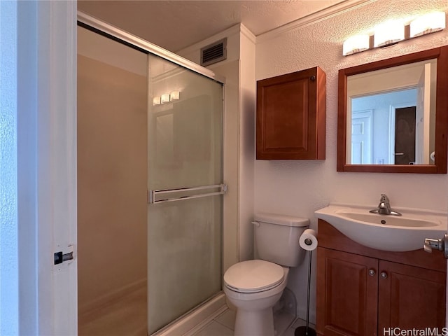 bathroom featuring a textured ceiling, a shower with shower door, toilet, tile patterned floors, and vanity