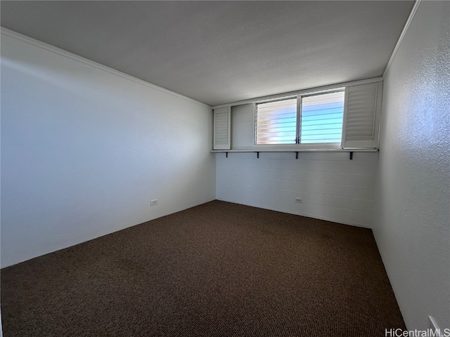 spare room featuring ornamental molding, a textured ceiling, and carpet