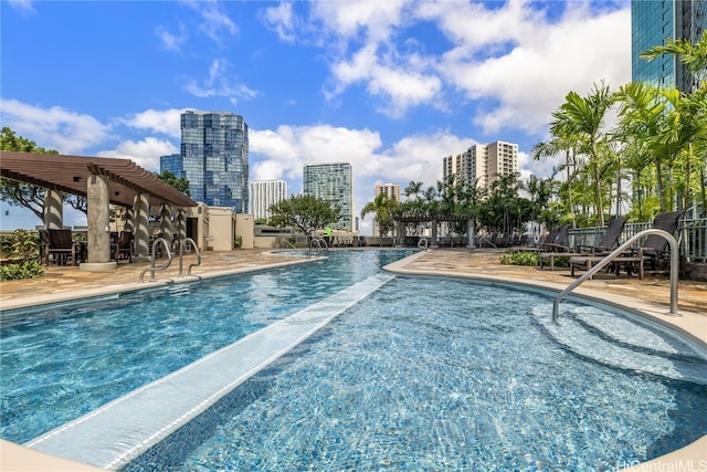 view of swimming pool with a patio